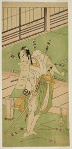 Skuespilleren Otani Hiroji III som en hvit rev forkledd som Ukishima Daihachi i stykket Shinasadame Soma no Mombi, fremført på Ichimura Theatre i den syvende måneden, 1770 av Katsukawa Shunsho