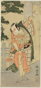 Skuespilleren Otani Hiroji III i en sceneposisjon (Mie) foran en helligdomsport av Katsukawa Shunsho