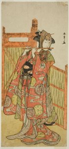 Skuespilleren Segawa Kikunojo III som Kojoro-gitsune forkledd som blomsterhandleren Okiku i stykket Mure Takamatsu Yuki no Shirahata, fremført på Ichimura Theatre i den ellevte måneden, 1780 av Katsukawa Shunsho