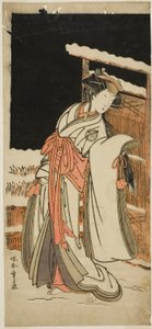 Skuespilleren Segawa Kikunojo III som Lady Shizuka (Shizkua Gozen) forkledd som Tamazusa i stykket Chigo Torii Tobiiri Kitsune, fremført på Ichimura Theatre i den ellevte måneden, 1777 av Katsukawa Shunsho