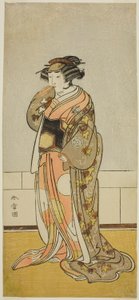 Skuespilleren Yamashita Kinsaku II som Lady Kikusui (Kikusui Gozen) (?) i stykket Kaeribana Eiyu Taiheiki (?), fremført på Nakamura Theatre (?) i den ellevte måneden, 1779 (?) av Katsukawa Shunsho