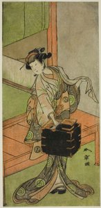 Skuespilleren Yamashita Kinsaku II som Miyagino forkledd som frisør i stykket Kosode-gura no Tekubari, fremført på Morita-teatret i den andre måneden, 1772 (?) av Katsukawa Shunsho