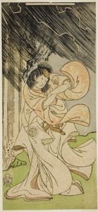 Skuespilleren Yamashita Kinsaku II som en tordengudinne i stykket Onna Narukami, fremført på Morita Theatre i den første måneden, 1770 av Katsukawa Shunsho