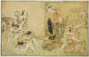 Skuespillerne Bando Zenji I som Nagahashi Saburo, Iwai Hanshiro IV som Otatsu-gitsune, Nakamura Konozo som Hagai Ujitsune, og en uidentifisert skuespiller (høyre til venstre), i Play Nue no Mori Ichiyo no Mato, fremført på Nakamura Theatre i ellevte måned, av Katsukawa Shunsho