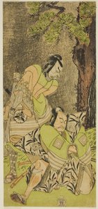 Skuespillerne Ichikawa Danzo III som I no Hayata Tadazumi (til høyre), og Matsumoto Koshiro II som Osada no Taro Kagemune (til venstre), i Play Nue no Mori Ichiyo no Mato, fremført på Nakamura Theatre i den ellevte måneden, 1770 av Katsukawa Shunsho