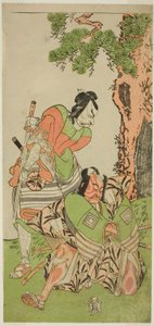 Skuespillerne Ichikawa Danzo III som I no Hayata Tadazumi (til høyre), og Matsumoto Koshiro II som Osada no Taro Kagemune forkledd som Yatsurugi Zaemon (til venstre), i Play Nue no Mori Ichiyo no Mato, fremført på Nakamura Theatre i den ellevte måneden , 1 av Katsukawa Shunsho