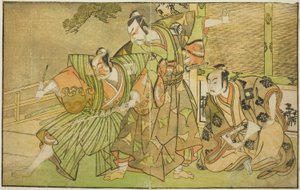 Skuespillerne Ichikawa Komazo II som Minamoto no Yorimasa (til høyre), Matsumoto Koshiro II som Osada no Taro Kagemune forkledd som Yatsurugi Zaemon (i midten), og Ichikawa Danzo III som I no Hayata Tadazumi (til venstre), In the Play Nue no Mori Ichiyo no av Katsukawa Shunsho
