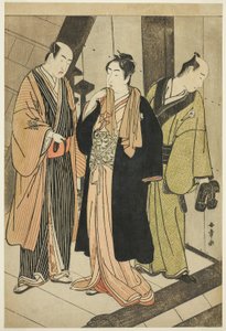 Skuespillerne Ichikawa Monnosuke II (til venstre), Iwai Hanshiro IV (i midten) og Iwai Karumo (?) (til høyre), på en landing backstage av Katsukawa Shunsho