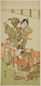 Skuespillerne Ichikawa Yaozo II som Konoshita Hyokichi (?) (til høyre), og Sakata Hangoro II som Matsunaga Daizen Hisahide (?) (til venstre), i stykket Gion Sairei Shinko Ki (?), fremført på Ichimura Theatre (?) i den femte måneden, 1775 (?) av Katsukawa Shunsho