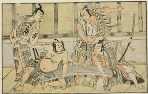 Skuespillerne Ichikawa Yaozo II som Kujaku no Saburo, Matsumoto Koshiro II som Hata no Daizen Taketora, Nakajima Mihoemon II som Aramaki Mimishiro, og Nakamura Shocho I som Ki no Tsurayuki (høyre til venstre), i Play Kuni no Hana Ono no Itsumoji, Utført kl av Katsukawa Shunsho