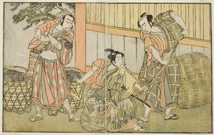 Skuespillerne Kasaya Matakuro II som Hagun Taro (til høyre), Ichikawa Monnosuke II som Izutsu no Suke Narihira (i midten), og Nakamura Nakazo I som Kose no Kanaoka forkledd som Sogoro the Charcoal Maker, i stykket Kuni no Hana Ono no Itsumoji, fremført på  av Katsukawa Shunsho