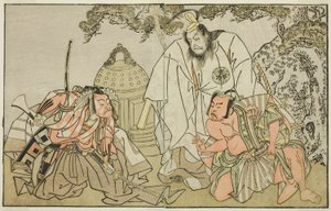Skuespillerne Nakajima Mihoemon II som Aramaki Mimishiro (til høyre), Matsumoto Koshiro II som Otomo no Yamanushi (i midten), og Ichikawa Danzo III som Hannya no Goro (til venstre), i stykket Kuni no Hana Ono no Itsumoji, fremført på Nakamura Theatre i det av Katsukawa Shunsho