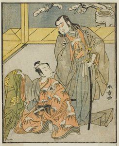 Skuespillerne Nakamura Denkuro II som Suma no Dairyo (til høyre), og Ichikawa Komazo II som Ariwara no Yukihira (til venstre), i Play Kuni no Hana Ono no Itsumoji, fremført på Nakamura Theatre i den ellevte måneden, 1771 av Katsukawa Shunsho