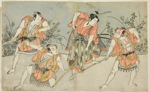 Skuespillerne Nakamura Kashiwagi som en Wakashu (andre fra høyre), og tre uidentifiserte skuespillere som Yakko av Katsukawa Shunsho
