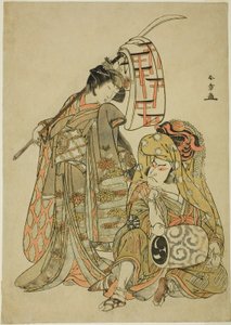 Skuespillerne Nakamura Nakazo I som Onmaya Kisanda kledd som Kakubei the Lion Dancer (Kakubei-jishi) (til høyre) og Segawa Kikunojo III som Shizuka Gozen (til venstre), i dansesekvensen "Myoto-zake Kawaranu Nakanaka" (Evig harmoni av ekteskapet ) Cup), fra av Katsukawa Shunsho
