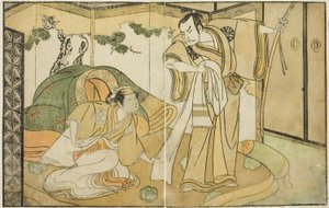 Skuespillerne Nakamura Nakazo I som Taira no Kiyomori (til høyre), og Yamashita Kinsaku II som Tokiwa Gozen (til venstre), i Play Nue no Mori Ichiyo no Mato, fremført på Nakamura Theatre i den ellevte måneden, 1770 av Katsukawa Shunsho