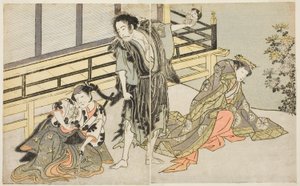 Skuespillerne Nakamura Noshio I som Nyosan no Miya (til høyre), Ichikawa Danjuro V som Renegade Monk Yochin (i midten), og Yamashita Kinsaku II som Maid Mutsuhana (til venstre), i stykket Fuki Kaete Tsukimo Yoshiwara, fremført på Morita Theatre i de elleve av Katsukawa Shunsho