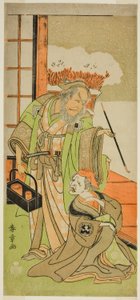 Nakamura Utaemon I som Karashi Baba (til høyre) og Ichikawa Danjuro IV som Sanshodayu (til venstre) i Play Kawaranu Hanasakae Hachi no Ki av Katsukawa Shunsho