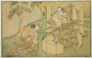 Skuespillerne Onoe Matsusuke I som Akaboshi Taro (til høyre), og Azuma Tozo II som Shirotae (til venstre), i stykket Kono Hana Yotsugi no Hachi no Ki, fremført på Ichimura Theatre i den ellevte måneden, 1771 av Katsukawa Shunsho