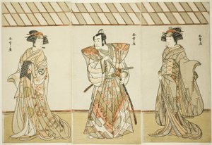Skuespillerne Onoe Tamizo I som Nishikigi (?) eller Otae (?) (til høyre), Ichikawa Danjuro V som Miura Heidayu Kunitae (?) (i midten), og Osagawa Tsuneyo II som Oyuki (?) (til venstre), i Play Date Nishiki Tsui no Yumitori (?), fremført på Morita Theatre ( av Katsukawa Shunsho
