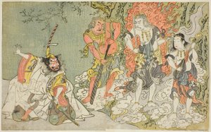 Skuespillerne Sawamura Kijuro I som Ikazuchi Shinno, Prince of Thunder (helt til venstre), Ichikawa Danjuro V som den buddhistiske guddommen Fudo (andre fra venstre), Nakamura Sukegoro II som Seitaka Doji (andre fra høyre), og Bando Mitsugoro I som Kongara av Katsukawa Shunsho