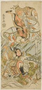 Skuespillerne Sawamura Sojuro II som den kinesiske vismannen Huangshi Gong (til hest), og Ichikawa Danzo III som den kinesiske krigeren Zhang Liang (montert på en drage), i finalen av stykket Otokoyama Yunzei Kurabe (ved Mt. Otoko, en rettssak av styrke i  av Katsukawa Shunsho