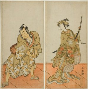 The Actors Segawa Kikunojo III as Aigo no Waka (right), and Ichikawa Yaozo II as Hachio-maru Aratora (left), in the Play Chigo Sakura Jusan Kane, Performed at the Ichimura Theater in the Eleventh Month, 1774 av Katsukawa Shunsho