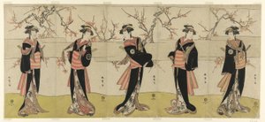 Skuespillerne Segawa Kikunojo III som Karigane Obun, Nakayama Tomisaburo I som An no Oyasu, Iwai Kiyotaro II som Kaminari no Osha, Nakayama Tatezo I som Gokuin no Osen, og Ichikawa Monnosuke II som Hotei no Oichi (høyre til venstre), i "Gonin" Onna," scene av Katsukawa Shunsho