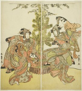 Skuespillerne Segawa Kikunojo III som Yasukata (til høyre), og Iwai Hanshiro IV som Utou (til venstre) i stykket Godai Genji Mitsugi no Furisode, fremført på Nakamura Theatre i den ellevte måneden, 1782 av Katsukawa Shunsho