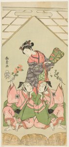 Skuespillerne Segawa Kikunojo II som den våte sykepleieren Reizei, Ichikawa Komazo I som Suruga no Hachiro i form av Shamisen-spilleren Kichiroku (til høyre), og Ichikawa Yaozo II som Tada no Kurando i form av Palanquin-bæreren Kichinai (til venstre), i sc av Katsukawa Shunsho