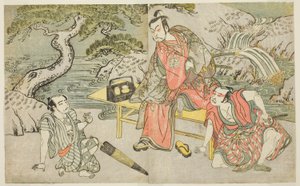 Skuespillerne Tomizawa Hanzaburo II som Nagoya Sanzaemon (ofte kalt Sanza) (til høyre), Nakamura Juzo II som Fuwa Banzaemon (i midten), og en uidentifisert skuespiller som lommetyven Matsumoto Daishichi (til venstre), i stykket Fuki Kaete Tsukimo Yoshiwara av Katsukawa Shunsho