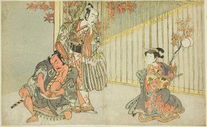 Skuespillerne Yamashita Kinsaku II som Mutsuhana (til høyre), Bando Mitsugoro I som Kashiwagi no Emon (i midten), og Nakamura Sukegoro II som Akamatsu Mushanosuke (til venstre), i stykket Fuki Kaete Tsukimo Yoshiwara (Rethatched Roof: The Moon also Shines  av Katsukawa Shunsho