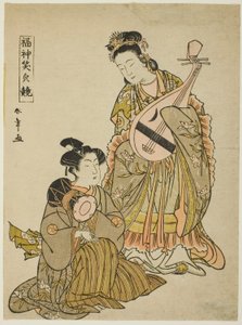 Gudinnen Benten holder en Biwa og en ung mann som holder en skuldertromme, fra serien "Comparing the Smiles of the Lucky Gods (Fukujin egao kurabe)" av Katsukawa Shunsho