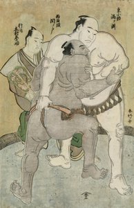 Brytekampen mellom Komosubi fra Eastern Group, Uzugafuchi Kan'dayu og Maegashira fra Western Group, Sekinoto Hajiroji, dømt av Kimura Shinosuke (farget treblokktrykk) av Katsukawa Shunsho