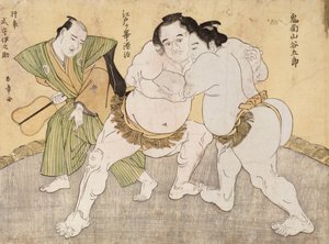 Brytekampen mellom Kimenzan Tanigoro og Edogasaki Gemji (farget treblokktrykk) av Katsukawa Shunsho