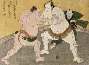 Brytekampen mellom Kimenzan Tanigoro og Edogasaki Gemji (farget treblokktrykk) av Katsukawa Shunsho
