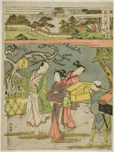 Og tavlen for avsløringen, fra serien "Shinagawa Hakkei (Eight Views of Shinagawa)" av Katsukawa Shunsho