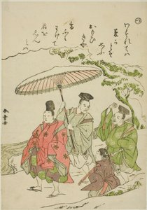 "Tsu": Narihira in the Snow at Ono, fra serien "Tales of Ise in Fashionable Brocade Pictures (Furyu nishiki-e Ise monogatari)" av Katsukawa Shunsho