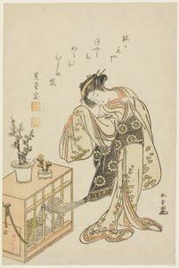 Ung kvinne med en ape i bur (kalendertrykk for nyttår 1776) av Katsukawa Shunsho