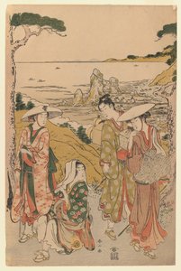 Et selskap med pilegrimer fra Yedo utenfor et tehus på åsene bak Futami-stranden som beundrer utsikten, 1795 (farget treblokktrykk)