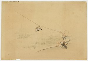 Farmer Flying Kite med fugleklapp, ca. 1850 (blekk og farge på papir) av Katsushika (school of) Hokusai