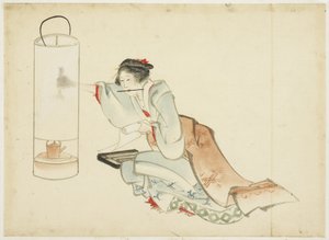 Lady Adjusting a Lamp, ca. 1815-1849 (blekk og farge på papir) av Katsushika (school of) Hokusai