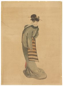 Standing Beauty (bakfra), ca. 1850 (blekk og farger på papir) av Katsushika (school of) Hokusai
