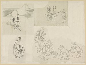 Fire scener med forskjellige figurer av Katsushika Hokusai (possibly)