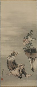 En sittende mann som ser på peoner i potte, Edo-perioden (blekk og farge på papir) av Katsushika Hokusai
