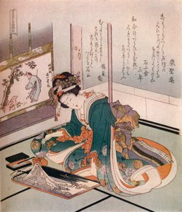 En kvinne som lager en miniatyrmodell av Fuji-fjellet, c1823. av Katsushika Hokusai