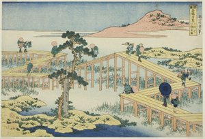 Gammel utsikt over broen med åtte planker i Mikawa-provinsen (Mikawa no Yatsuhashi no kozu), fra serien "Uvanlig utsikt over kjente broer i forskjellige provinser (Shokoku meikyo kiran)" av Katsushika Hokusai