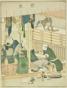 Armorer (Yoroi takumi), fra den illustrerte boken "Picture Book of the Amusements of the East (Ehon Azuma asobi)" av Katsushika Hokusai