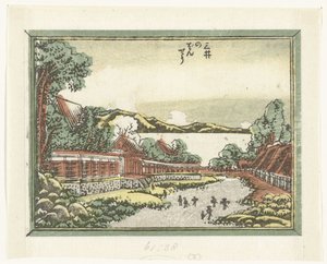 Portforbud for Mii-tempelet Mii no bansho (tittel på objekt) Gravert åtte utsikt over Omi-provinsen (serietittel) Doban Omi hakkei (serietittel) av Katsushika Hokusai