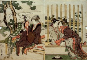 Azuma og Yogoro i den gamle snøen. Koman og Yosaku i solnedgangen av Katsushika Hokusai
